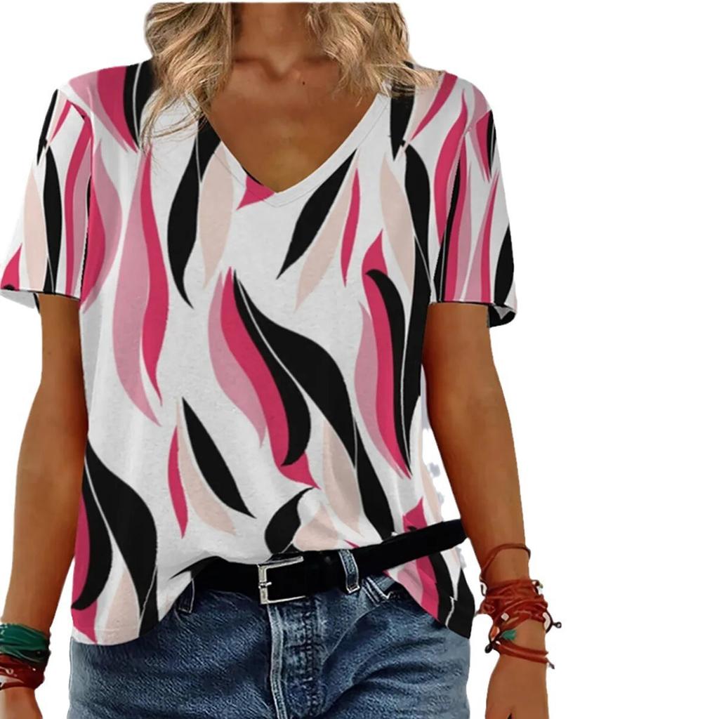 Women's Short Sleeved Fashionable T-shirt with Geometric 3D Printing, Women's V-neck Short Sleeved T-shirt