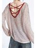 Plus Size Red Striped Backless Long Sleeve Sun Protection Women's Summer Top