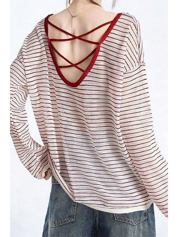 Plus Size Red Striped Backless Long Sleeve Sun Protection Women's Summer Top