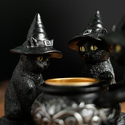Witch Cat Sculptures Collectible Figurines Set of 1, Halloween Metal and Resin Decor, Indoor Use, Seasonal Holiday Decorations