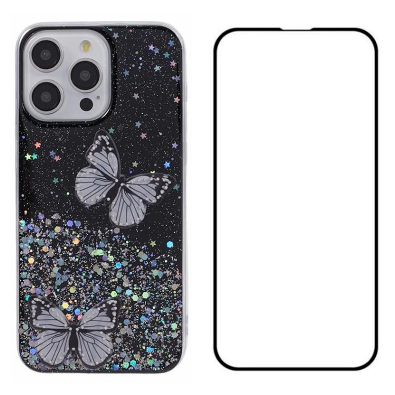 

For iPhone 16 Pro Case 3D Butterfly Glitter Soft TPU Phone Cover with Screen Film Black
