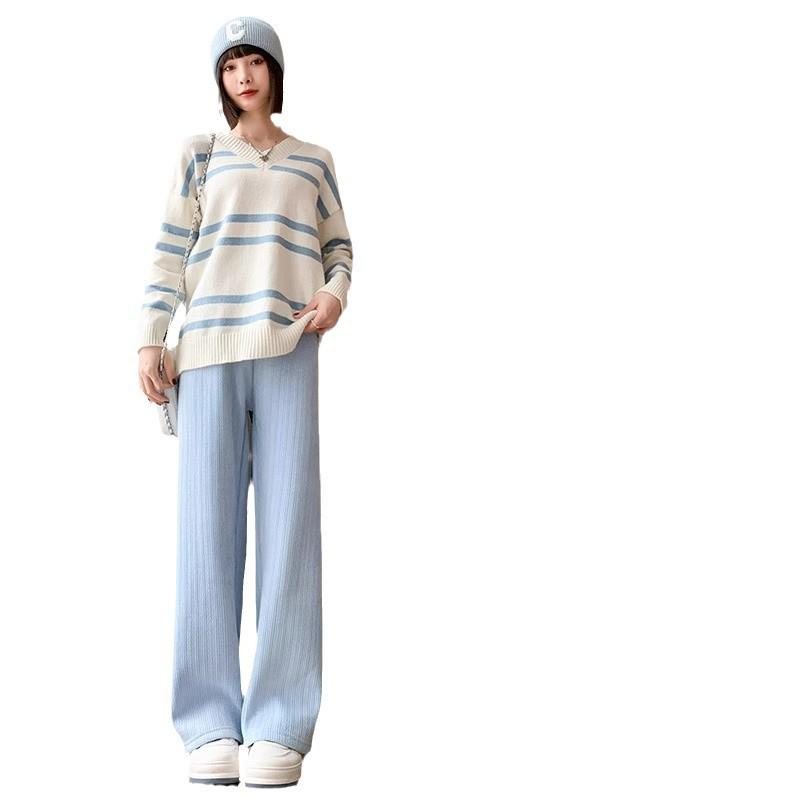 Petite Chenille Wide-Leg Fleece-Lined High-Waist Knitted Pants for Women - Autumn/Winter Wheat Ear Pattern