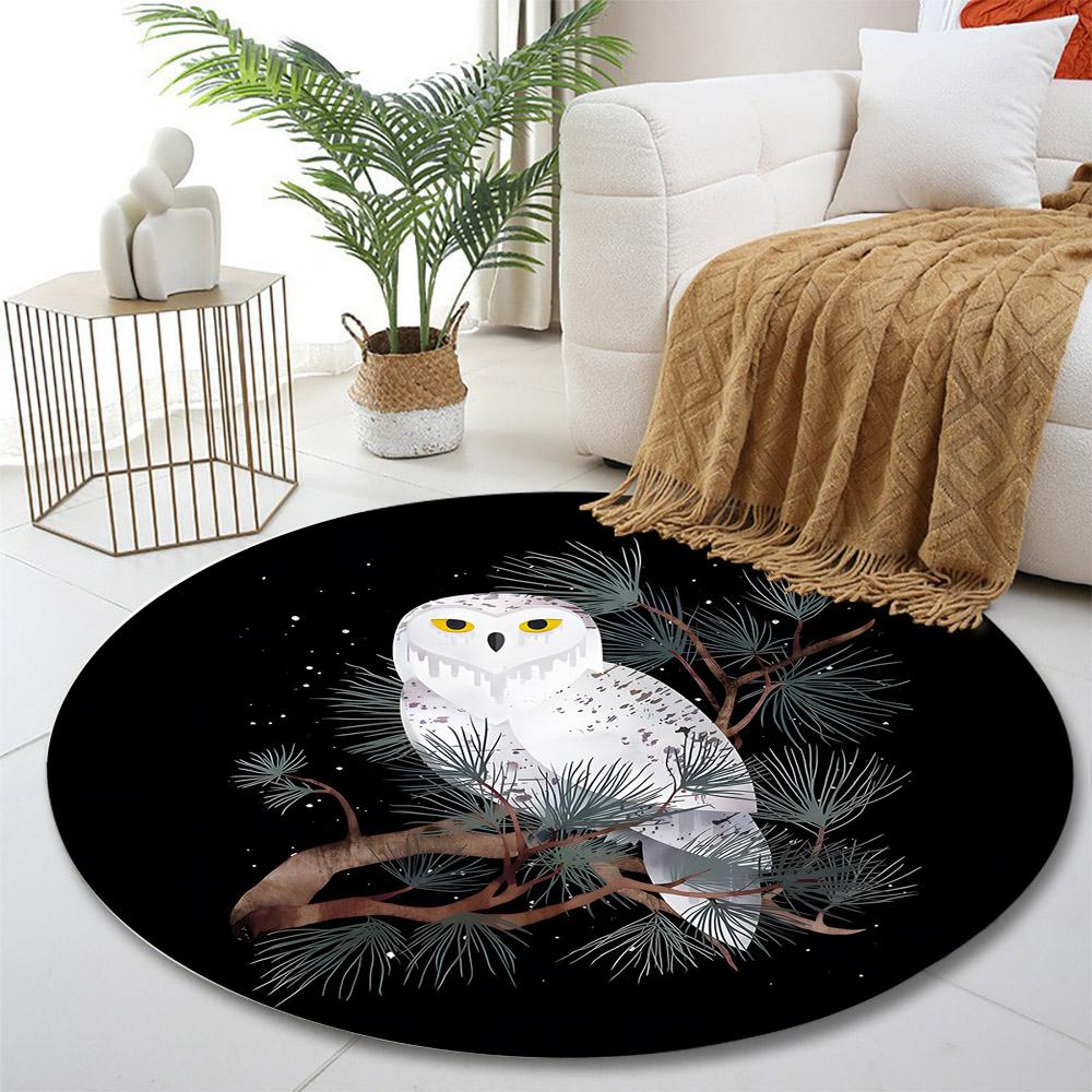 White Owl On Pine Tree Branch Print Round Rug, Living Room, Bedroom, Playroom Carpet, Non Slip Floor Mat, Gift