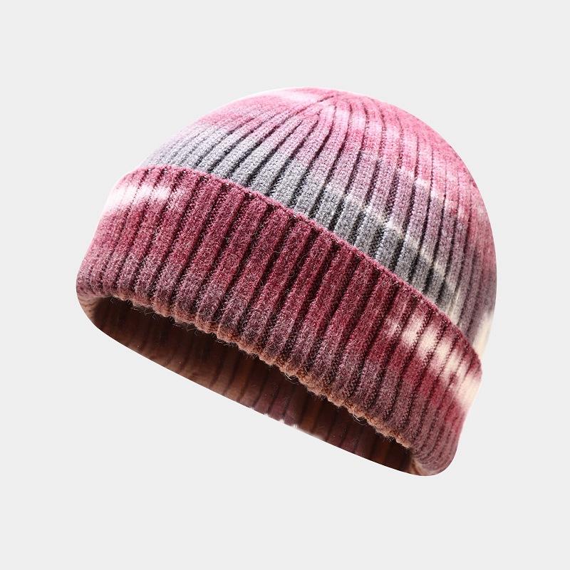 

Tie-dye wool knitted hat women s autumn and winter short dome warm melon fur hat casual bag head cold hat beanie hat M（56-58cm）