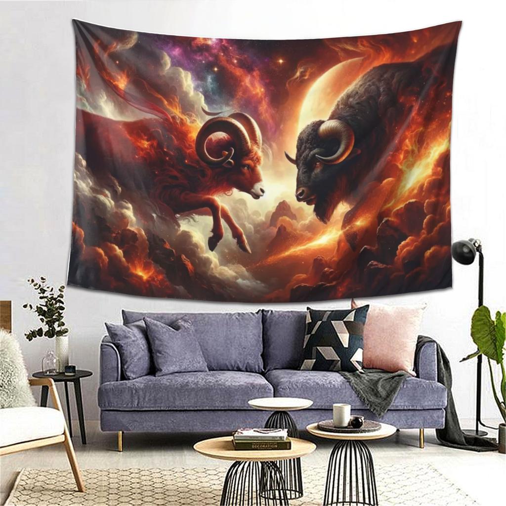 Feuriger Tierkreis-Kollisions-Wandteppich Feiern Sie Astrologische Kunst mit Widder und Stier im Kosmischen Kampf Perfekt für Schlafzimmerdekoration