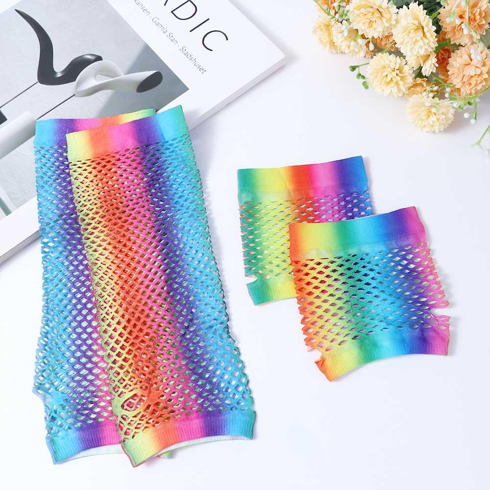 For Women Party Girl Long Half Finger Nylon Arm Sleeves Fishing Net Gloves Rainbow Color Gloves