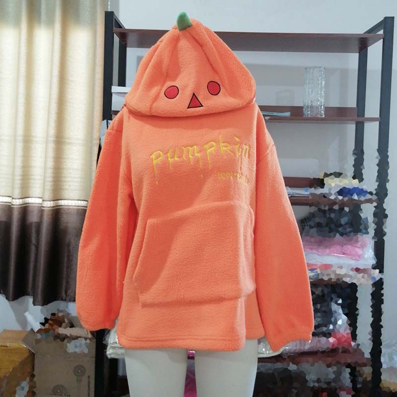 Women Round Neck Lamb Plush Halloween Decorated Hoodie Cute Pumpkin Shaped Embroidery Pellet Fleece Sweatshirt