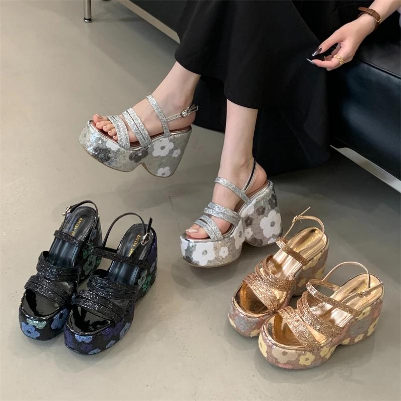 Eilyken Summer CRYSTAL Diamonds Sequin Cloth Platform Wedges Heels Sandals Women Buckle Strap Shoes Zapatillas De Mujer