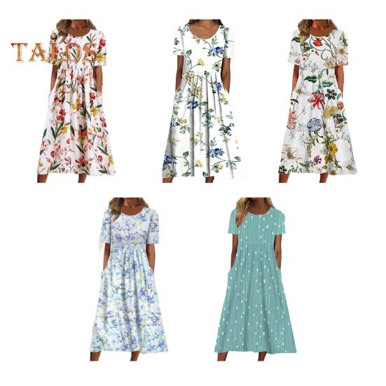 Women's Summer Short Sleeve Dress Casual Floral Print Round Neck Midi Dress with Pockets Flowy A-line Beach Sundress