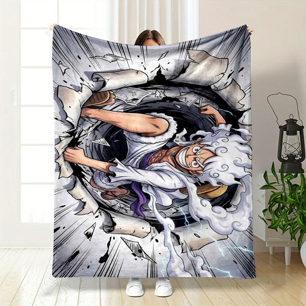 A character with wild white hair bursts through a wall with dynamic energy. for all seasons blanket lunch break throw gift