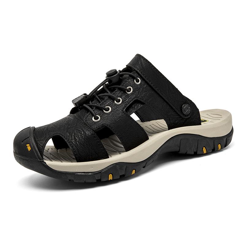 

Anti-collision Toe Men Leather Sandals Beach Shoes Quick Dry Water Shoes Male Summer Slippers Walking Flip Flop Casual Sandalias 38 чёрный