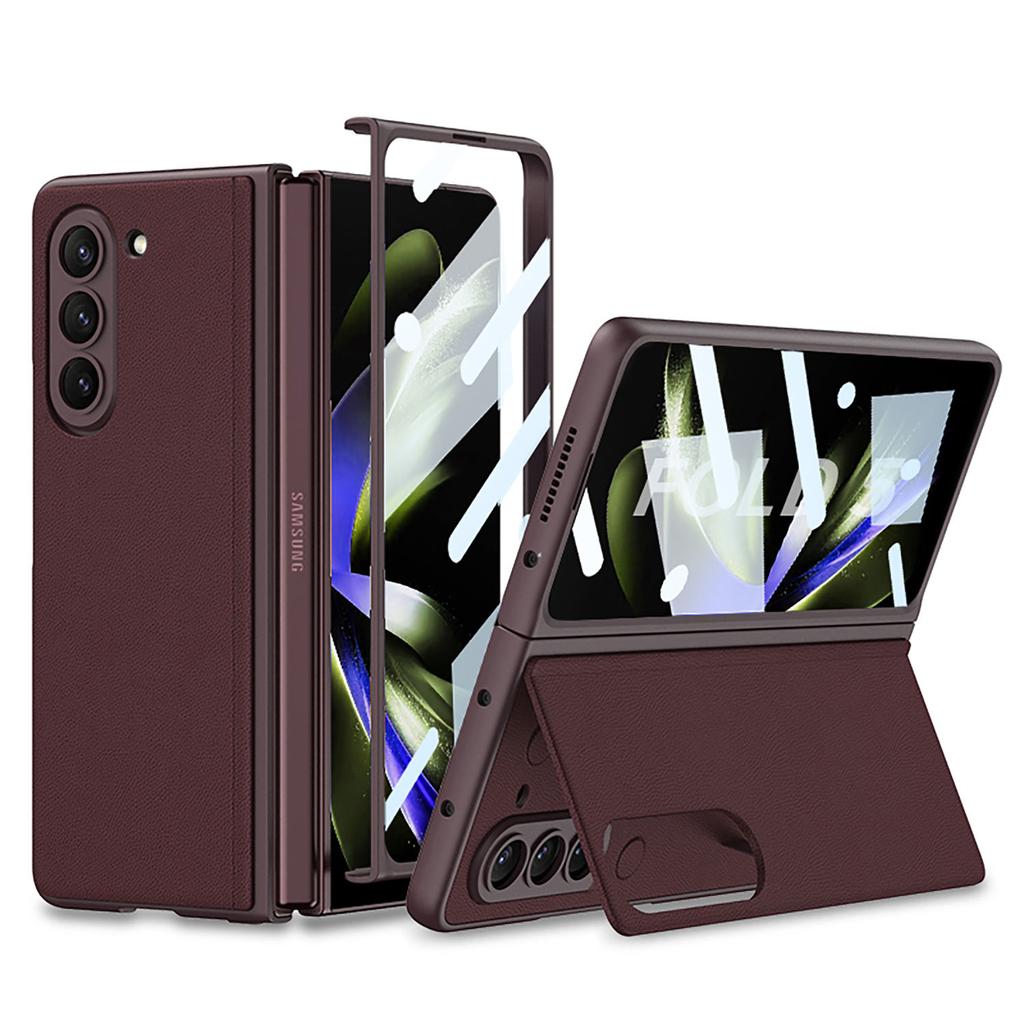Plain Leather Case for Samsung Galaxy Z Fold 5 Ultra-thin Bracket Holster Shell-membrane Drop Full Protection Cover