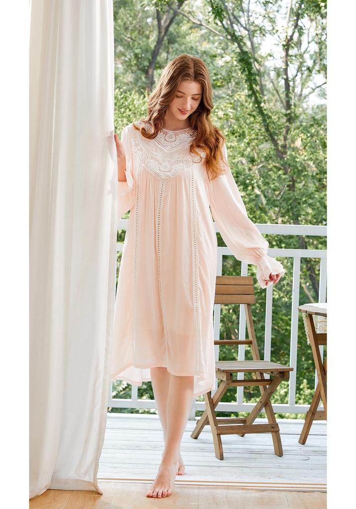 European Princess Cotton Lace Plus Size Retro Long Sleeve Nightgown - Soft Double Layer Homewear
