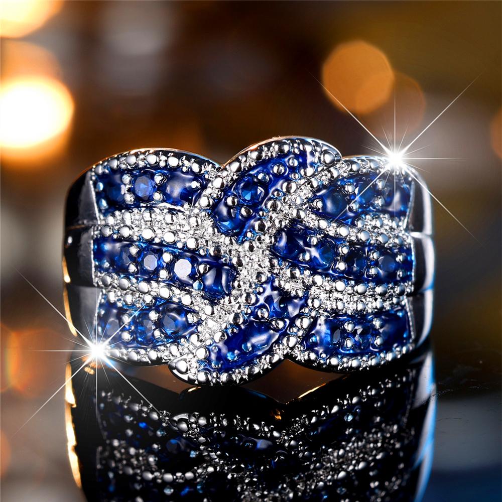 Luxury Female Small White Blue Zircon Stone Finger Ring Vintage Silver Color Wedding Band Bridal Jewelry For Women