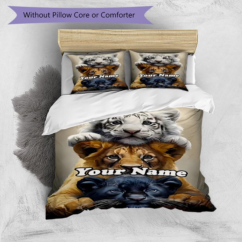 3PC Custom Name Tiger, Lion, Panther Stack Bedding Set Duvet Cover Closure Includes 1 Duvet Cover & 2 Pillowcases for Bedroom