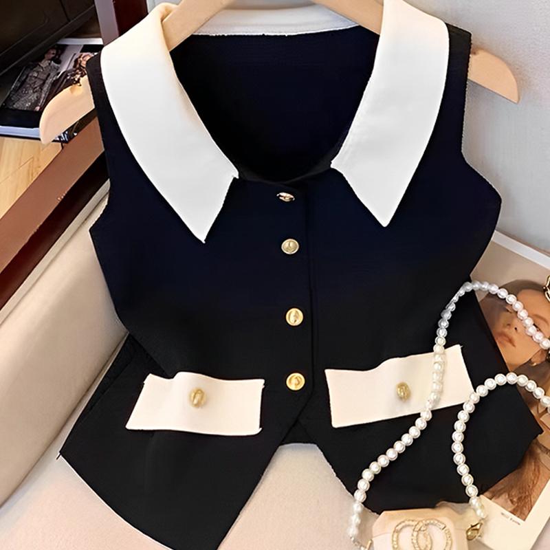 Women Elegant V-Neck Lapel Vest Summer Casual All-Match Chic Tanks Sleeveless Tops