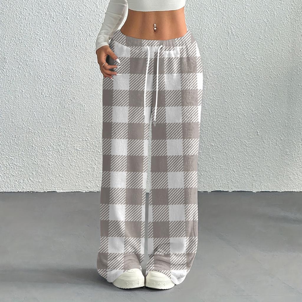 Women's Casual Fashion Printed Elastic Waist Loose Straight Leg Pants With Rope