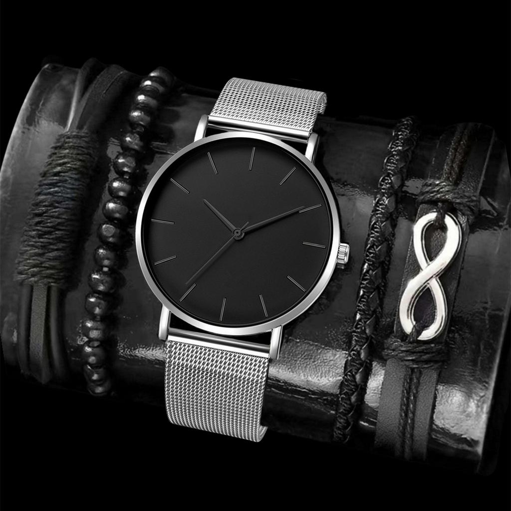 Men'S Casual Fashion Mesh Strap Simple Watch + Bracelet 4-Piece Men'S Watch Quartz Watch