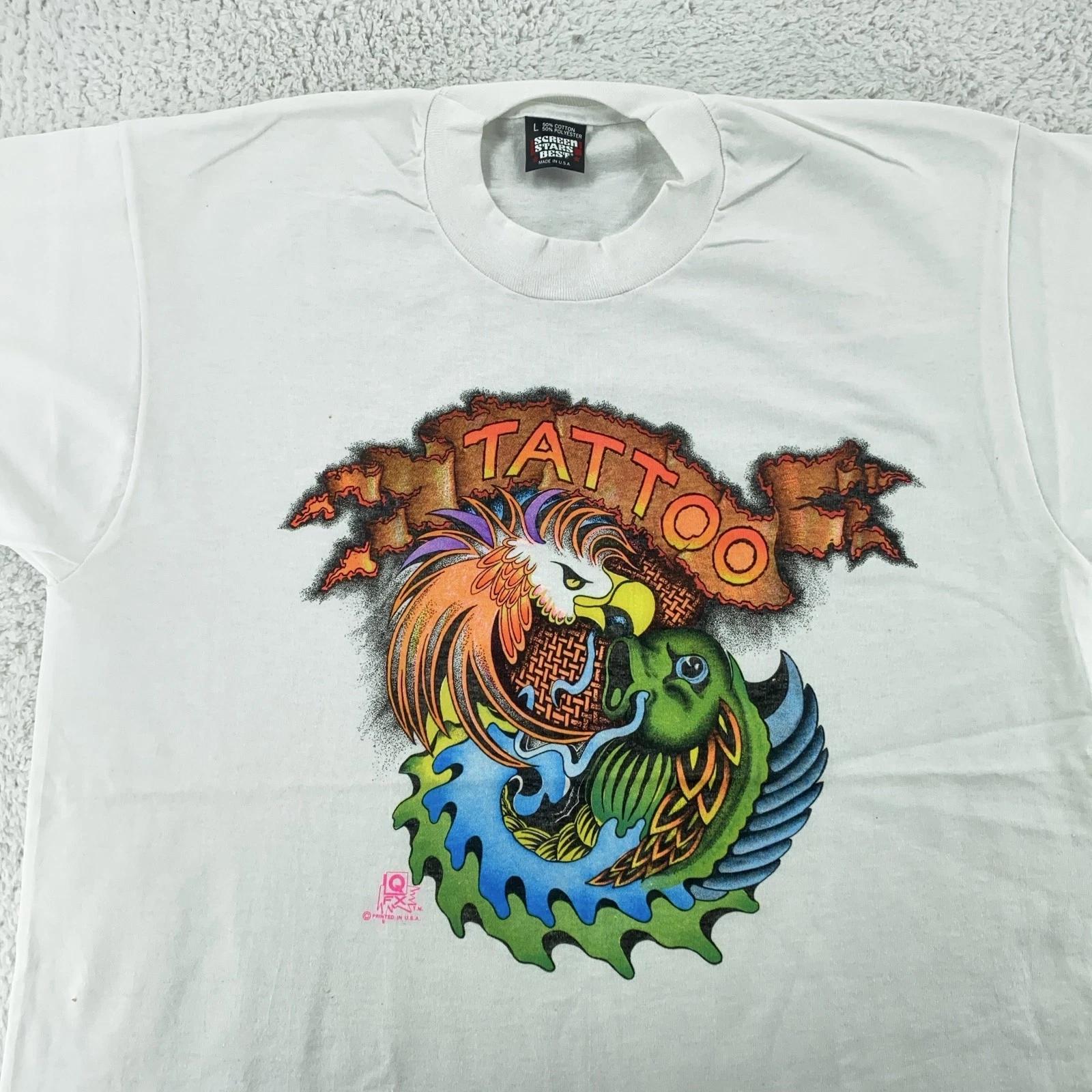

Vintage Tattoo Shirt Mens M/L White Phoenix Dragon Graphic Made USA 90s QFX Tee XL