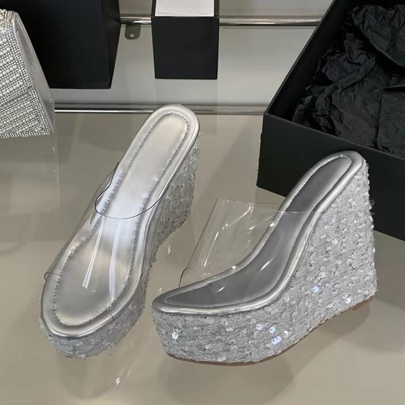 Fashion Silver Metal Flowers Women Wedges Slippers Sequined Platform High Heels Transparent Sandals Female Party Prom Shoe
