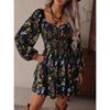Retro Black Background Floral Square Neck Dress Long Sleeve High Waist Ruffle Edge Thin Small Print Short Skirt