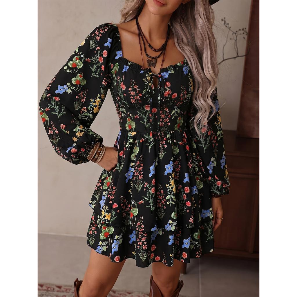 Retro Black Background Floral Square Neck Dress Long Sleeve High Waist Ruffle Edge Thin Small Print Short Skirt