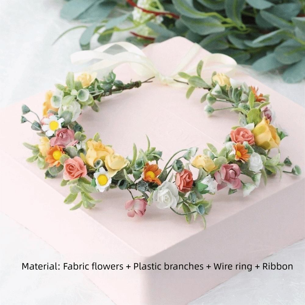 New Rose Floral Floral Crown Headband White Flower Green Leaf Floral Wreath Headband Ribbon Bridal Garland Girls Women