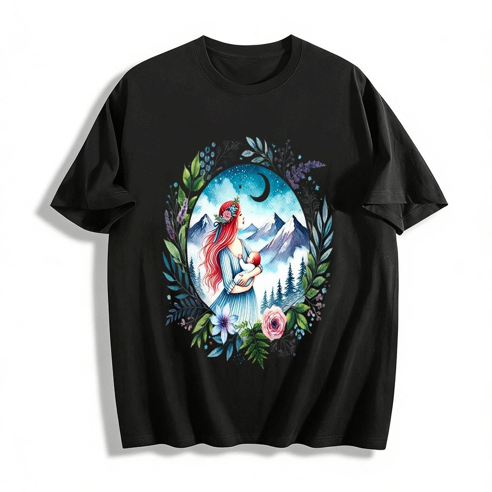 Moonlit Mother Baby Print Long Sleeve Tee Mountain Floral Top Pure cotton T-shirt XXS