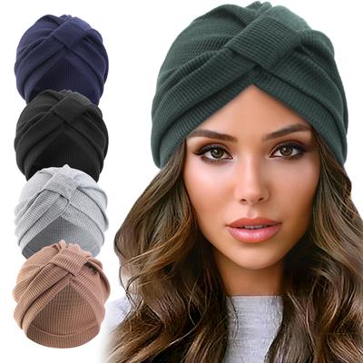 New Women's Cotton Thickened Waffle Square Knotted Turban Head Wrap Cancer Chemo Beanies Cap Headwear Cap Bonnet Hair Loss Hat