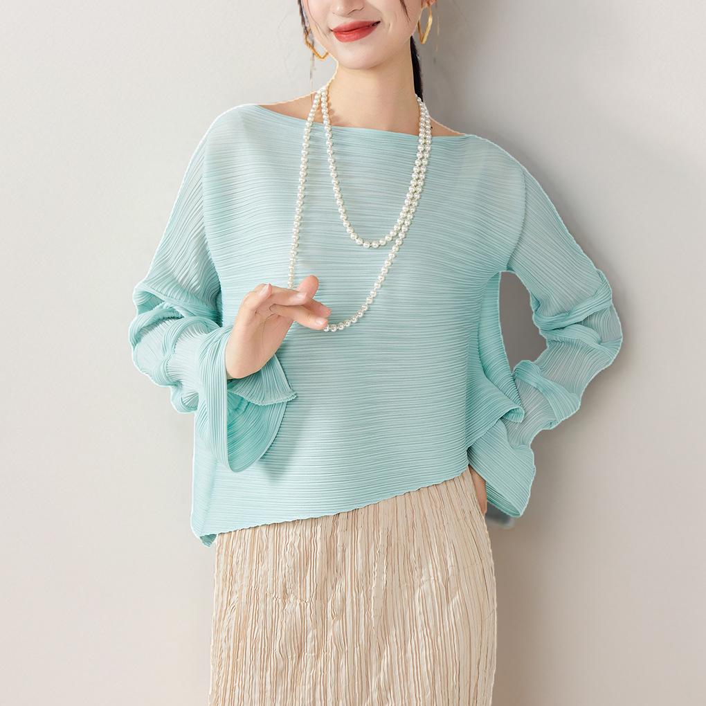 

Women s High Quality Pleated Long Sleeve Top - Loose, Slimming Plus Size - Spring/Summer Fashion Trend One Size світло-зелений колір