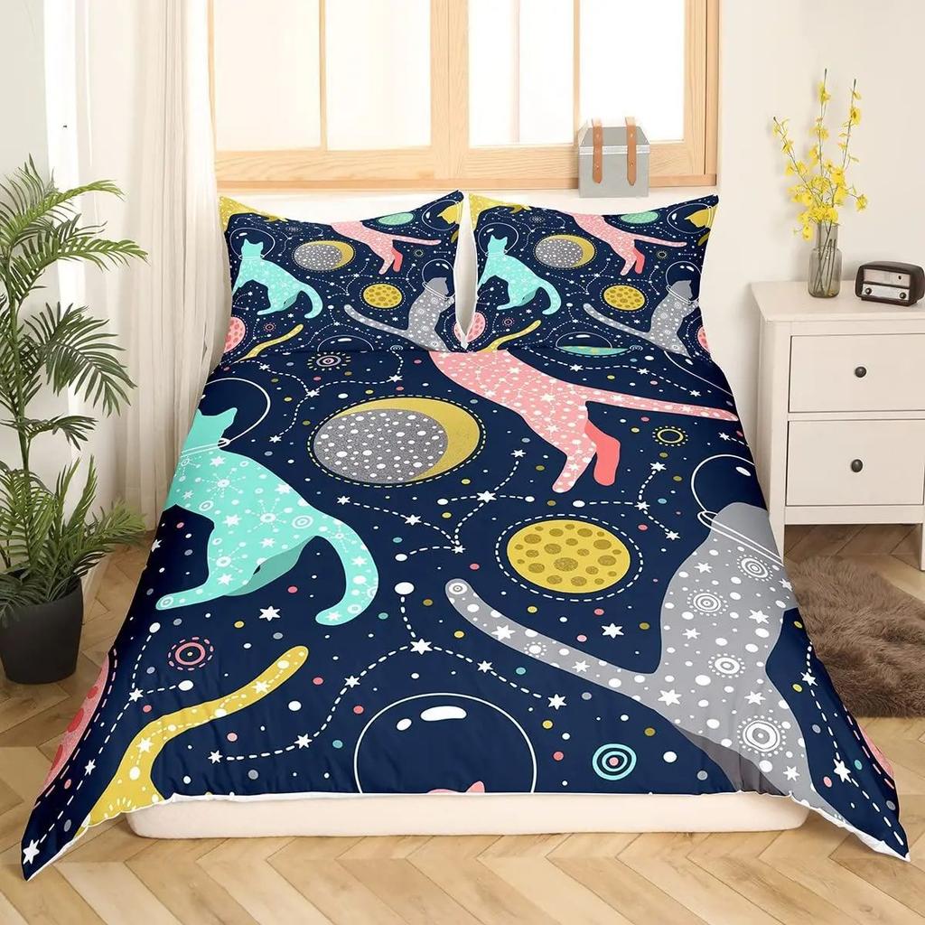 Rainbow Cat Butterfly Duvet Cover Three-Piece Set Watercolor Galaxy Outer Space Bedding Set With Pillowcase