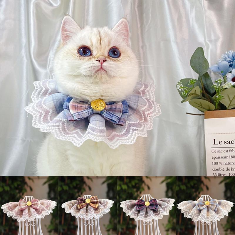 1PC Cute Pet Lace Bib Pink Plaid Ribbon Dog Cat Bowtie Collar Necklace Decoration Organza Cotton Gauze Bibs Pet Accessories