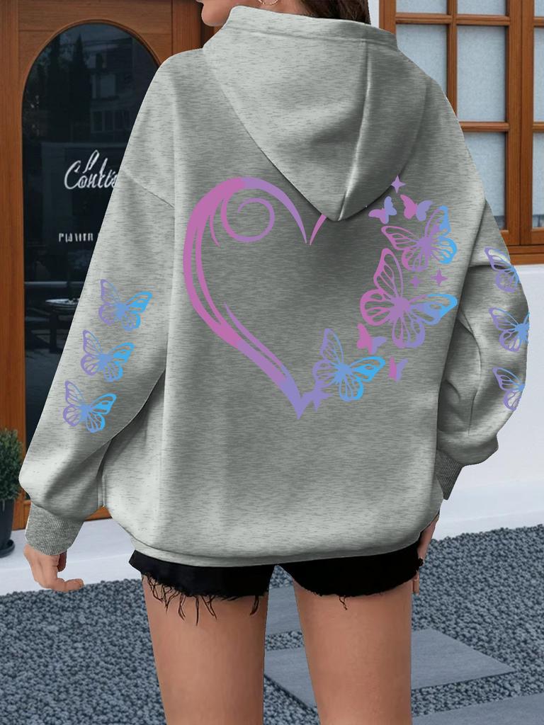 Niche, love butterfly print hooded sweater loose and versatile couple's men's and women's coat top