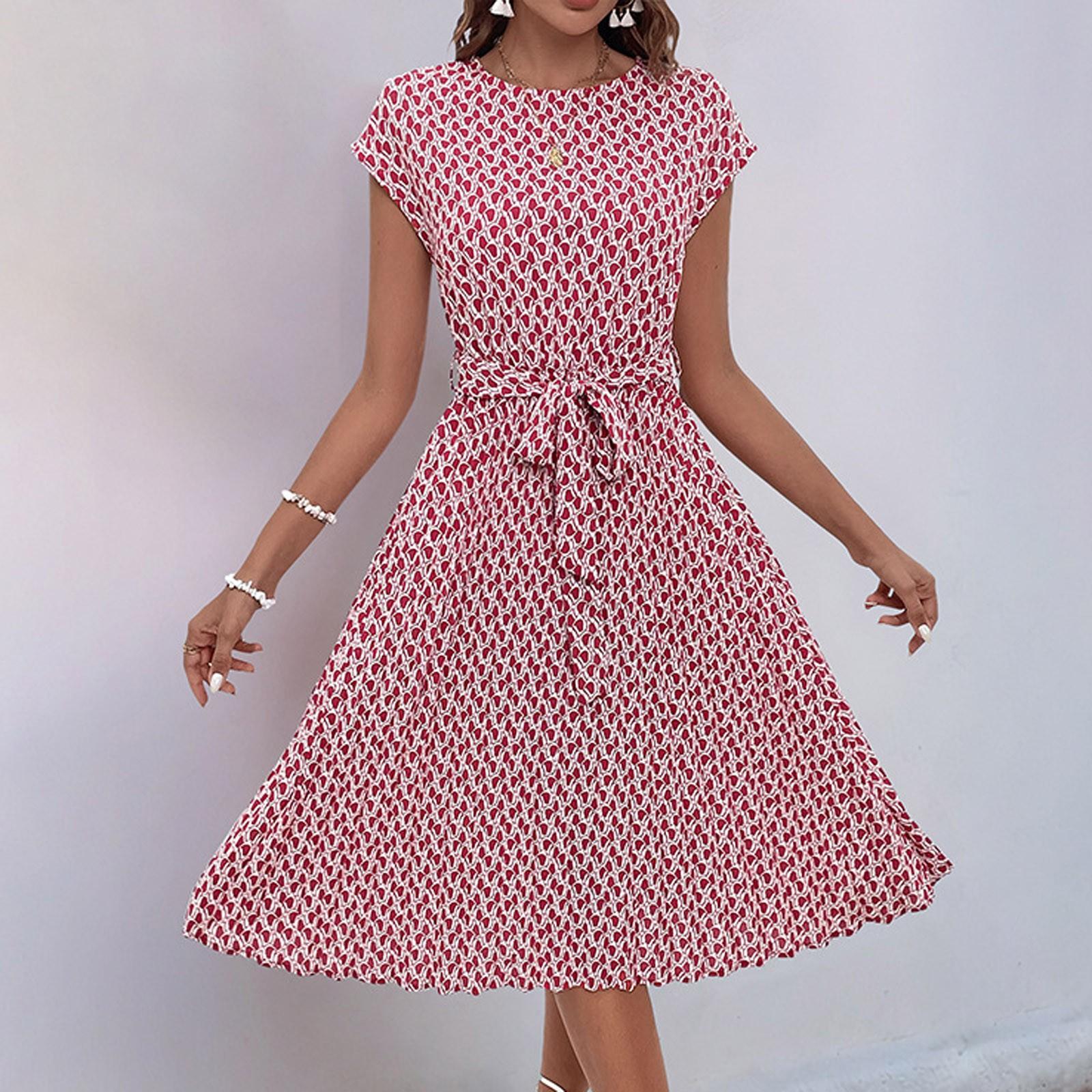Women s Casual Loose Print Pleated Waistband Dress Print Pleated Waistband Dress XL красный