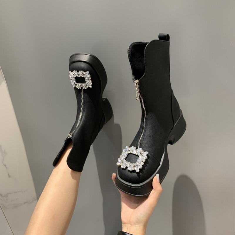 Martin Boots, Women's Autumn Single Boots, Thick Soled Sponge Cake High Heels, Front Zipper White Short Boots, Rhinestone Slim Boots