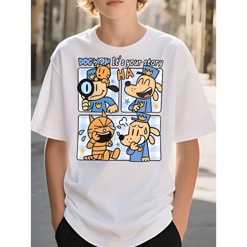 European sizes Tee Boys Clothing Casual Trendy Cartoon Dog Cat Checkerboard Pattern Graphic Tshirt Kids Wear for Boys 110 белый