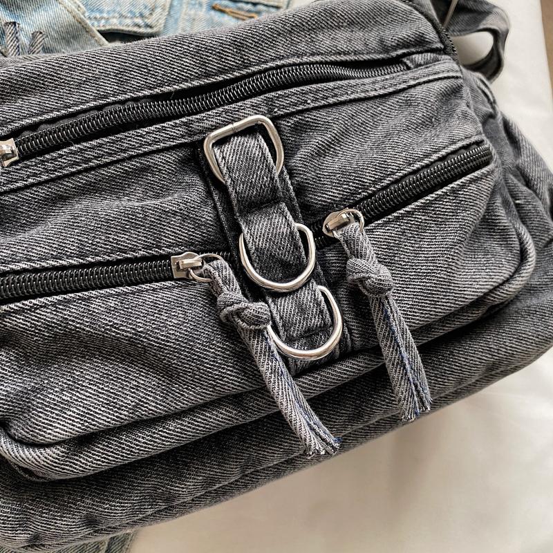 Women Crossbody Bag Vintage Shoulder Bag Multi-Layer Pocket Denim Bag