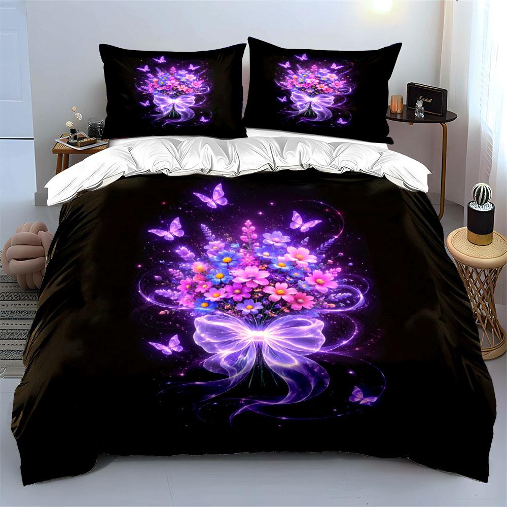 Purple Flowers and Butterflies Bedding Duvet Cover Set (1*Duvet Cover 2*Pillowcases, without duvet insert)