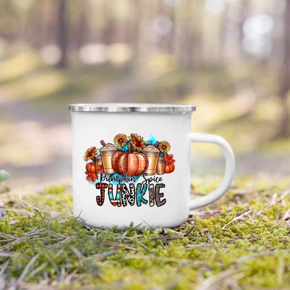 Hello Pumpkin Print Enamel Mugs Coffee Cups Fall Thanksgiving Party Juice Mug Handle Cup Autumn Holiday Gifts for Family Friends