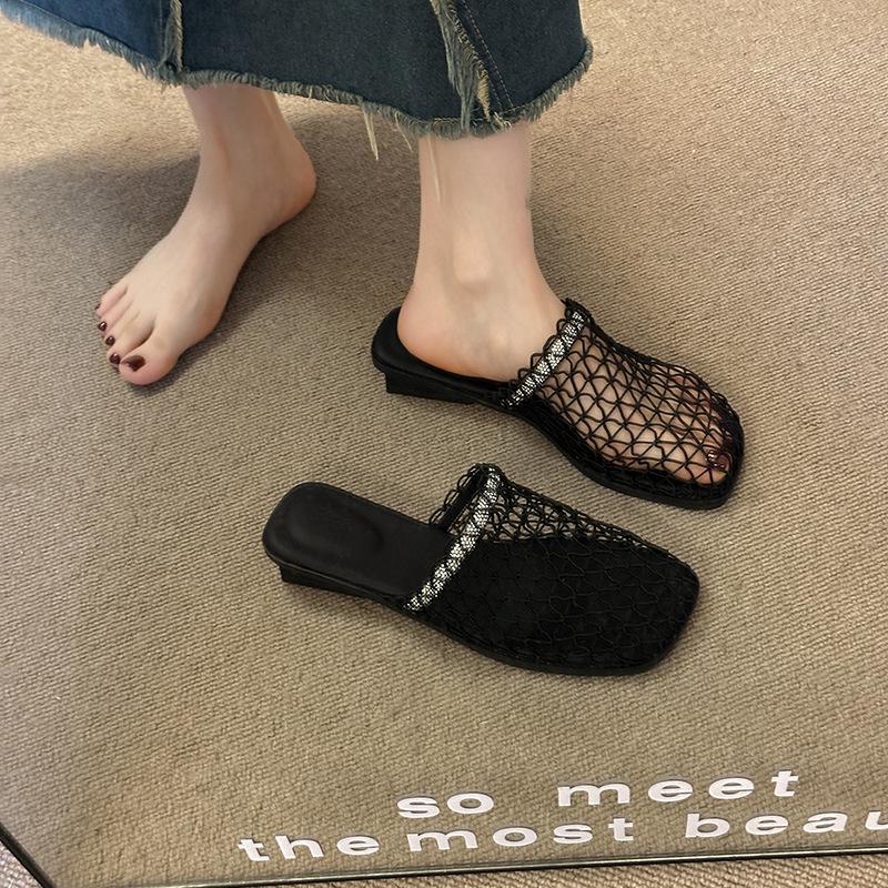 French low-heeled fishing net shoes mesh hollow bag head half slippers women's summer wear 2025 new hole cool slippers
