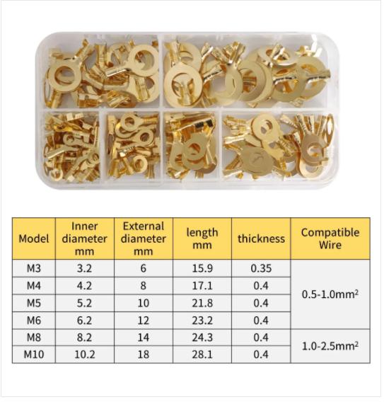 M3/M4/M5/M6/M8/M10 Ring-Terminal Wire Quick Connector Terminal Brass Crimp Terminal Assorted Kit