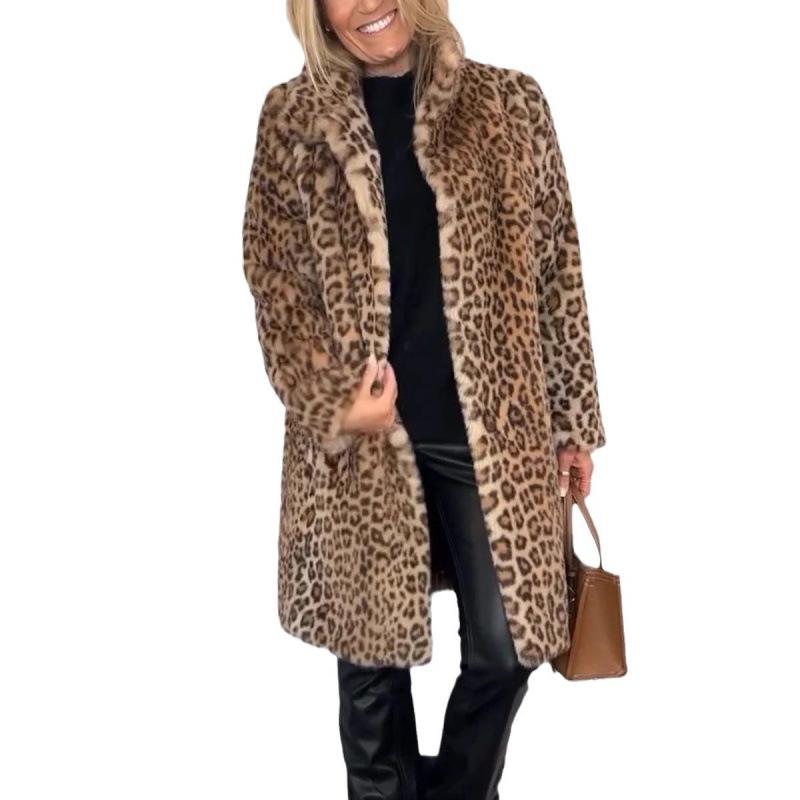 2024 Autumn/Winter Fashionable European and American Leopard Print Plush Mid-Length Jacket