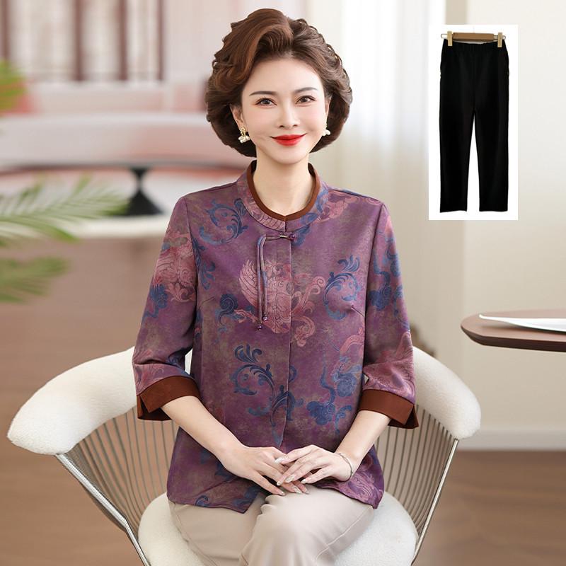 Chinese Style Summer Loose Three-Quarter Sleeve Shirt for Middle-Aged and Elderly Women