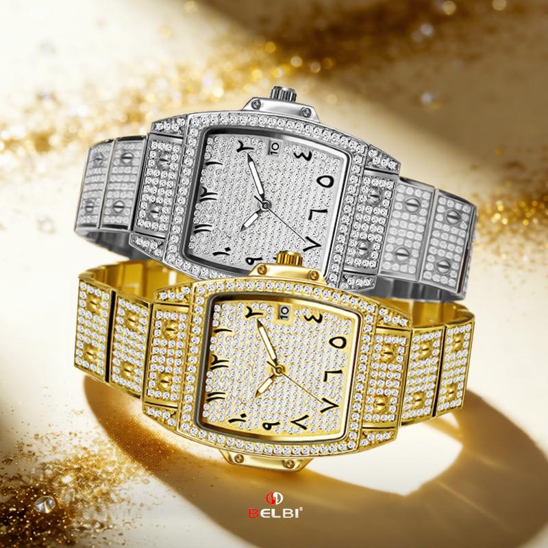 Womens Diamond Watch Tonneau Barrel-Shaped Luxury Quartz Wristwatch Bling Crystal Dress Watch Arabic Numerals Waterproof