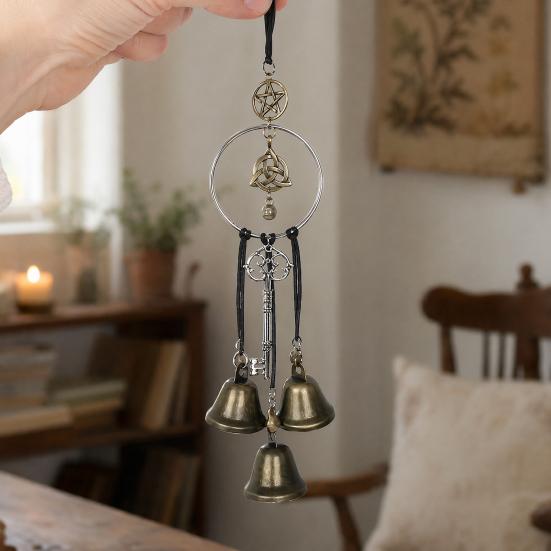 Garden Fence Bell Ornament Witchy Door Handle Hanging Ornament, Handmade Vintage Metal Wind Chime with Negative Energy Cleansing Hemp Rope, Decorative