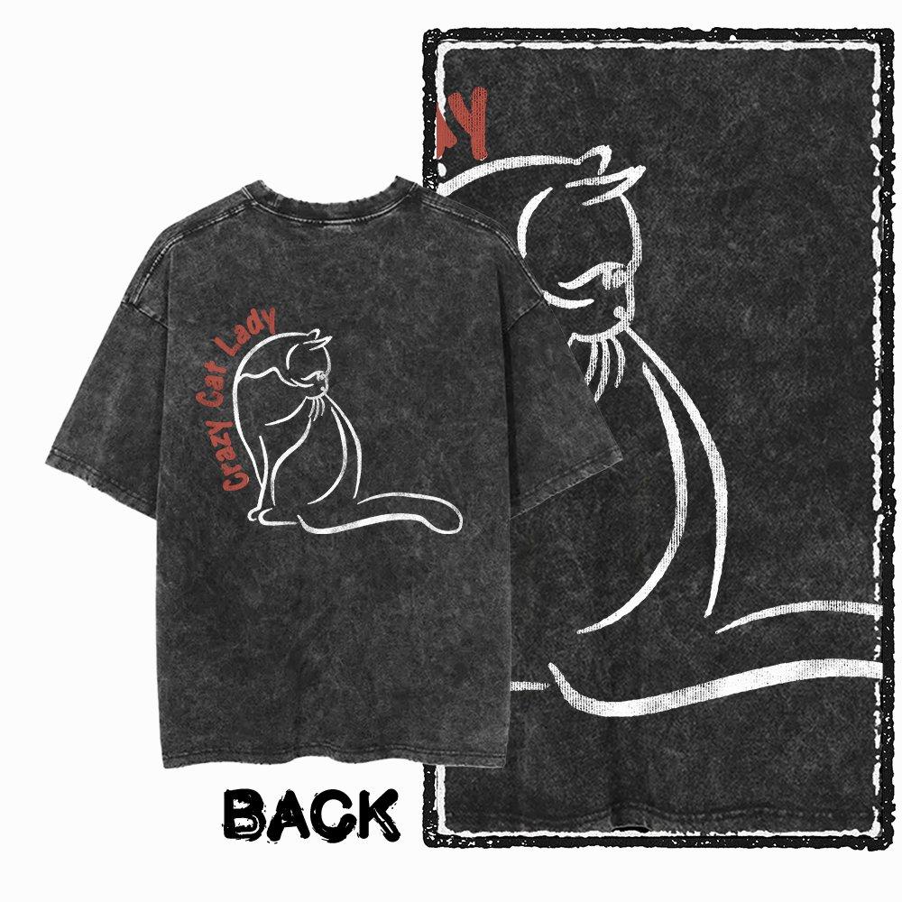 G Back Print Acid Washed Cotton oneck Cat Graphic Unisex Tshirt Streetwear Big Size Cool Vintage Unisexs Tee Tshirt