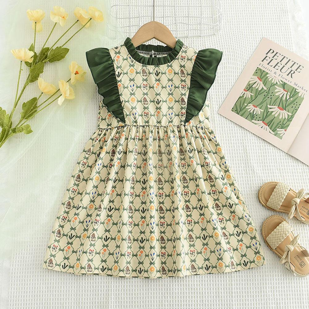Girls Summer Sweet Princess Dress With Ruffles Floral Print Sleeveless Vest Dress For Kids 100cm