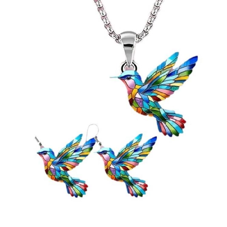 Stylish Hummingbird Pendant Necklace Earrings Colorful Versatile Fashion Jewelry for Women Girls Valentines Day Gift