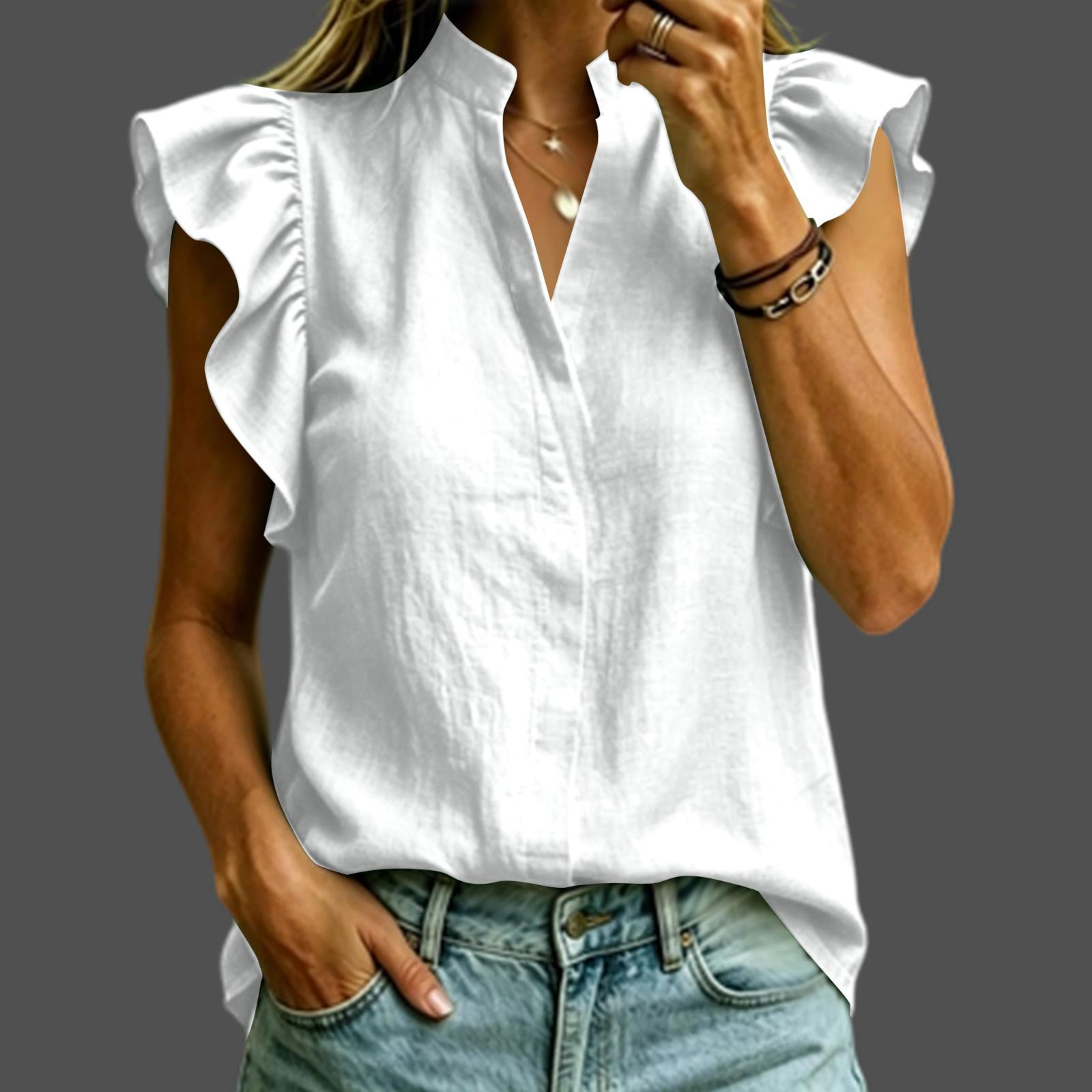 Women s Casual V-Neck Ruffle Sleeveless Top Color for Everyday Wear S белый