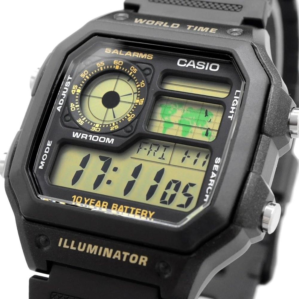 Casio World Time Digital Wristwatch AE-1200WH-1BV Black Gold LCD